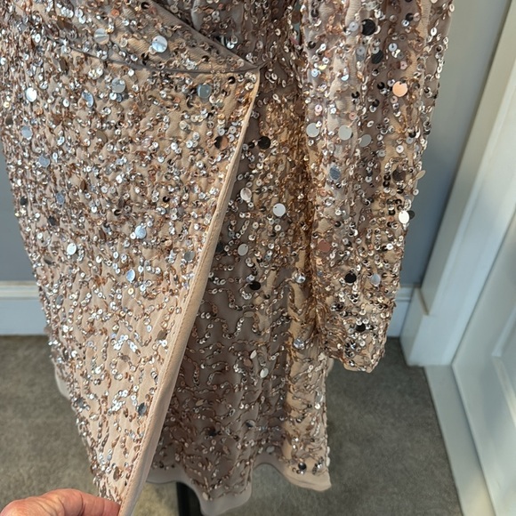 ASOS Maya Deluxe fully beaded sequin faux wrap, formal mini dress, frosted pink - Picture 9 of 16